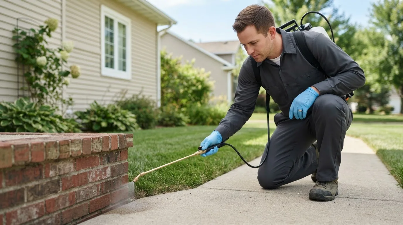 Pest control technician treating a home near Le Mars, IA